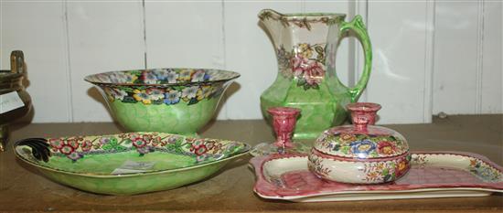 3 pieces of green lustre Maling & 4 pink lustre Maling ceramics